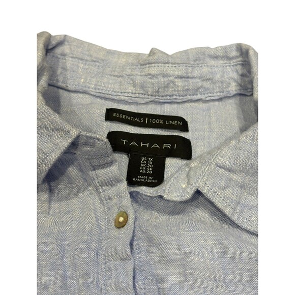 Tahari Shirt Womens 1XLight Blue 100% Linen Button Front Tunic Roll Tab Casual - Picture 4 of 8